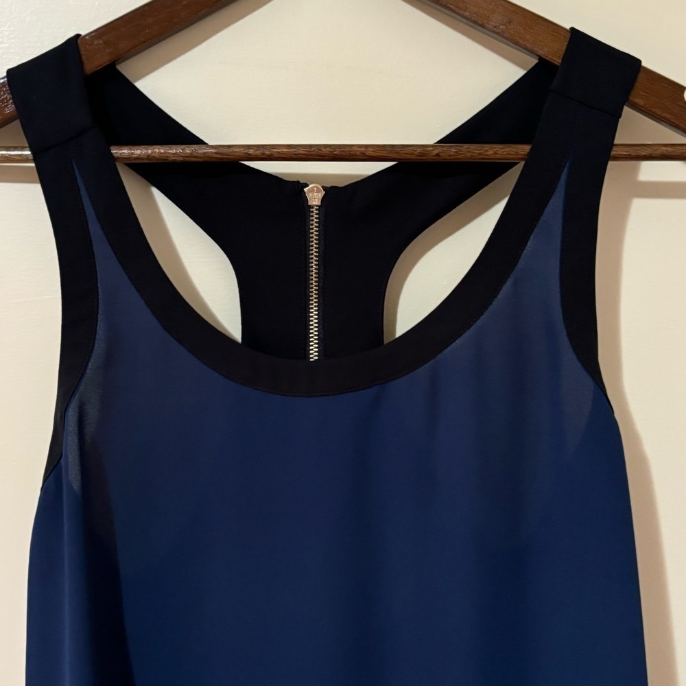 EXPRESS| Stylish Navy Blue/Black Silky Sleeveless Tank Top w/Zipper Detail Sz S